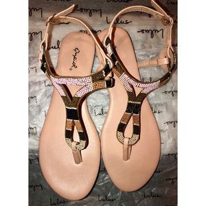 Lulus MARTY NUDE BEADED THONG SANDALS